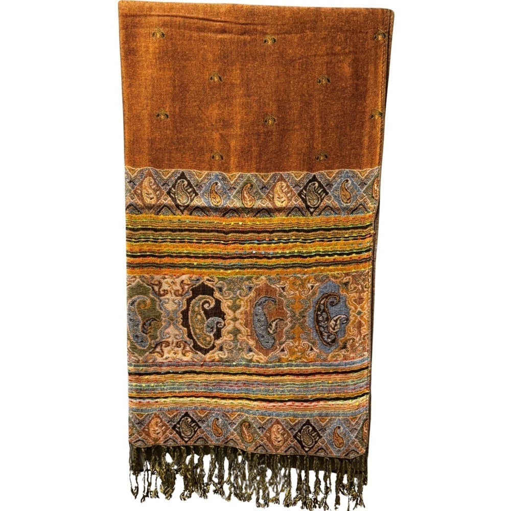 New Autumn Orange Green Double-Sides Paisley Pashmina Shawl/ Scarf - Picture 7 of 8